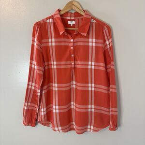 Crown & Ivy Orange Plaid Popover Button Top Long Sleeve Womens Sz Large